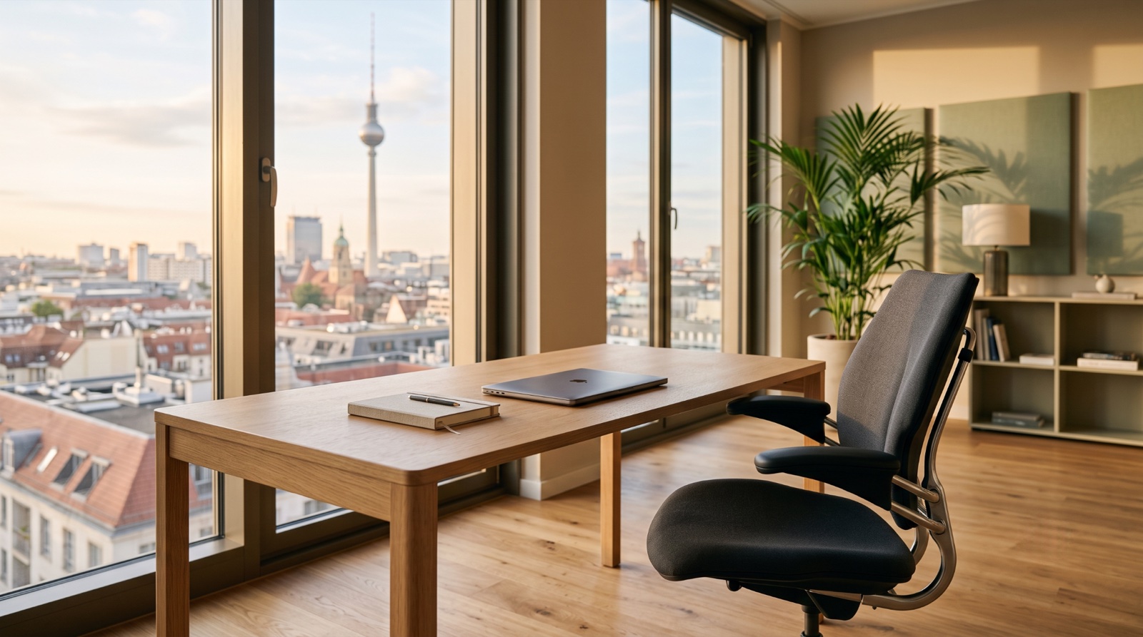 Modern law office in Berlin overlooking the TV Tower - an empty desk awaiting a successor attorney